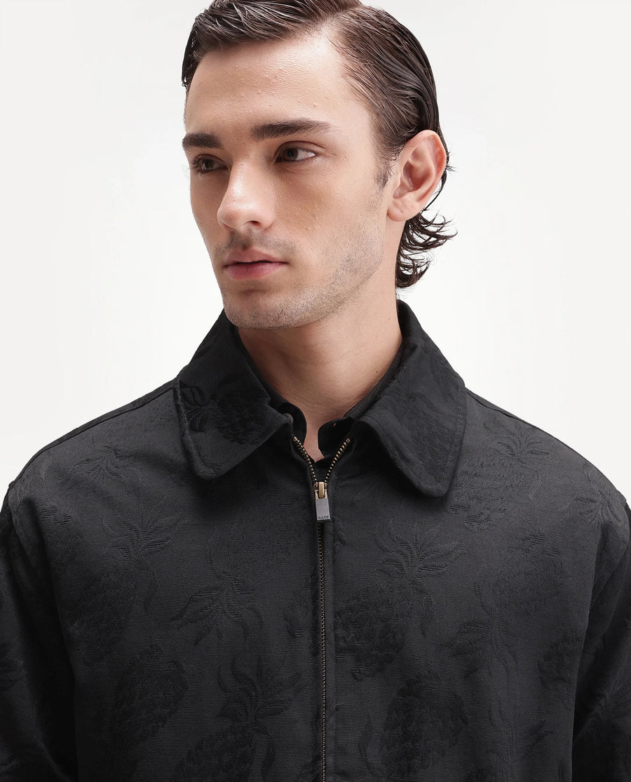 Rare Rabbit Men's Lucho Black Cotton Blend Spread Collar Zipper Regular Jacquard Shacket