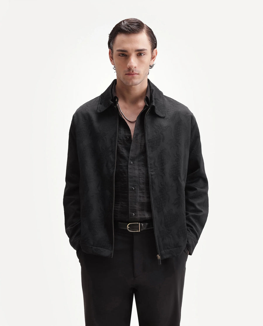 Rare Rabbit Men's Lucho Black Cotton Blend Spread Collar Zipper Regular Jacquard Shacket