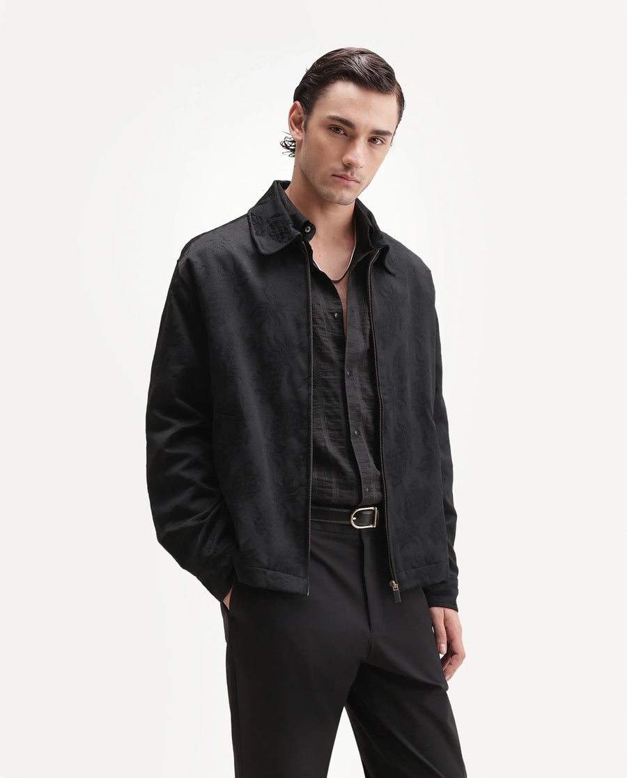 Rare Rabbit Men's Lucho Black Cotton Blend Spread Collar Zipper Regular Jacquard Shacket