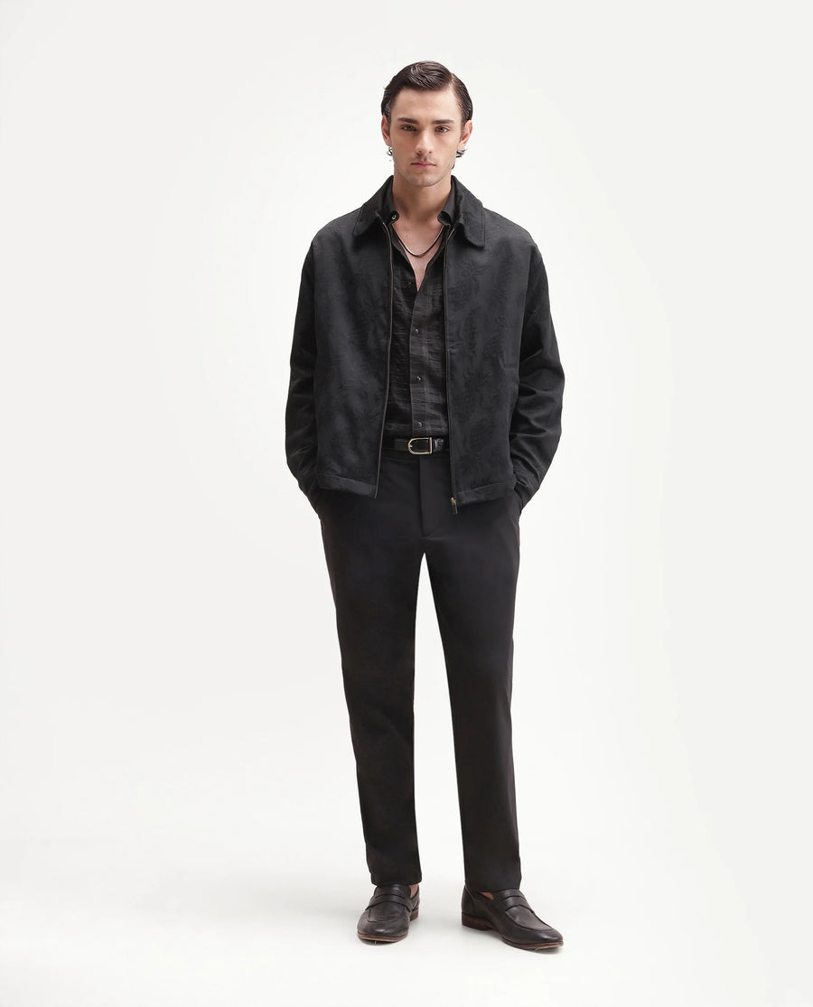 Rare Rabbit Men's Lucho Black Cotton Blend Spread Collar Zipper Regular Jacquard Shacket