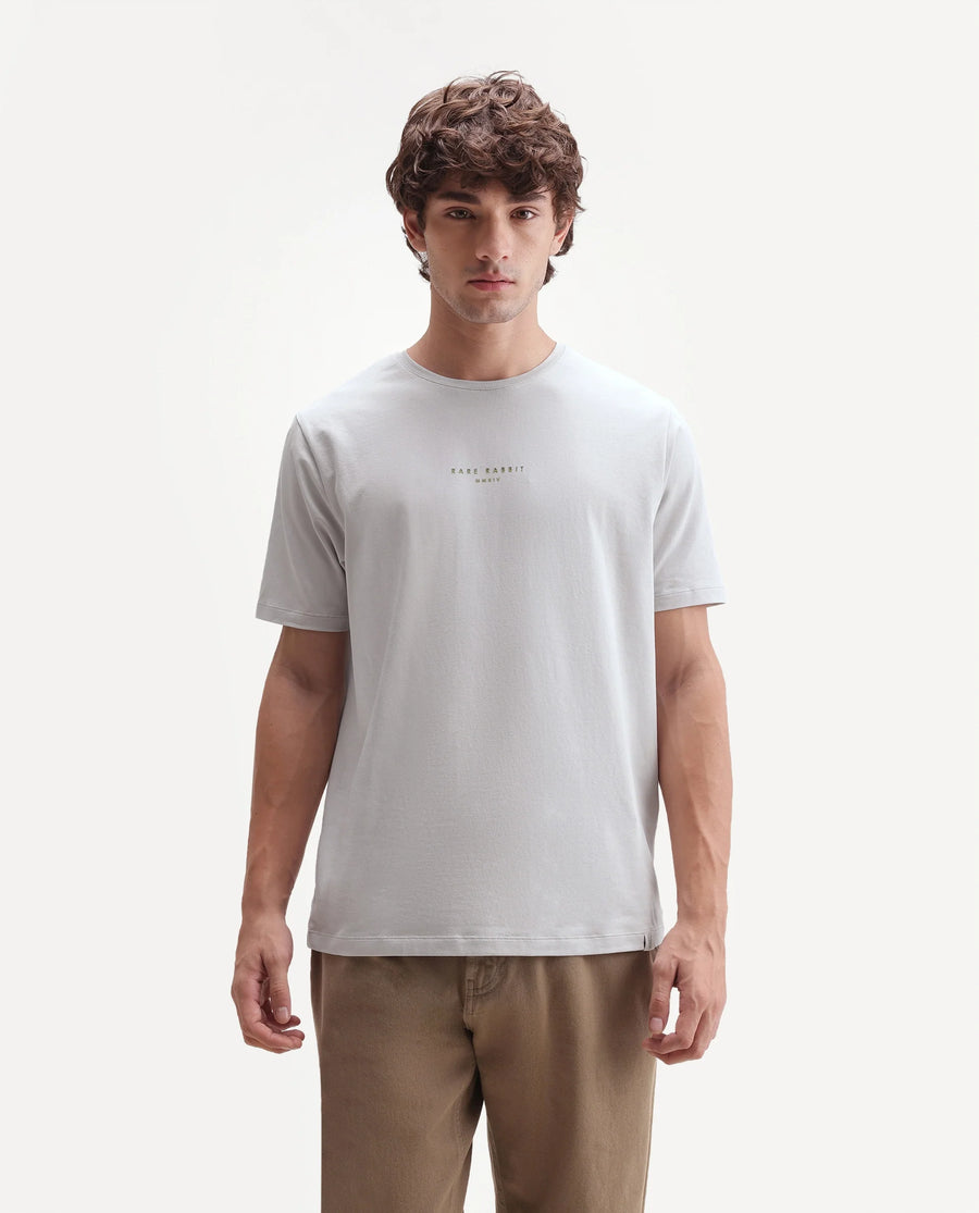 Rare Rabbit Men's Rabbit-A26 Light Grey Cotton Blend Crew Neck Regular Hd Print T-Shirt