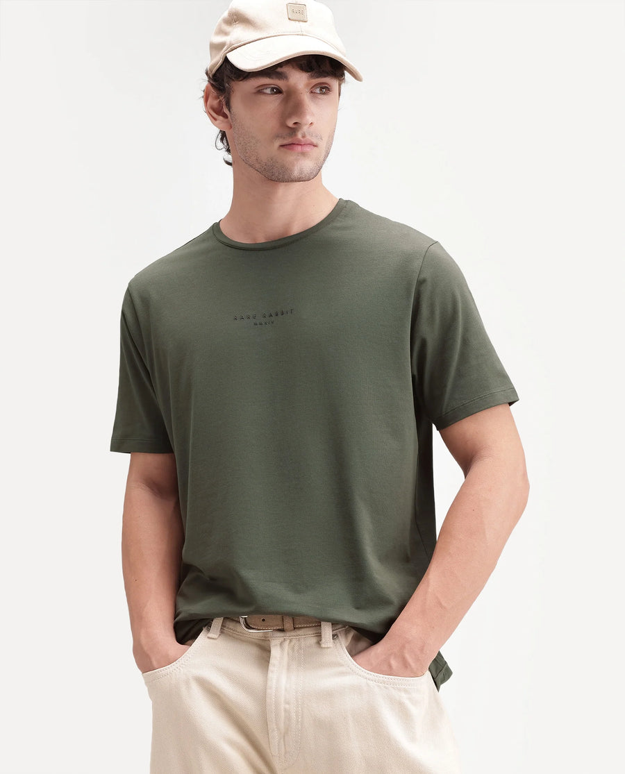 Rare Rabbit Men's Rabbit-A26 Primary Olive Cotton Blend Crew Neck Regular Hd Print T-Shirt