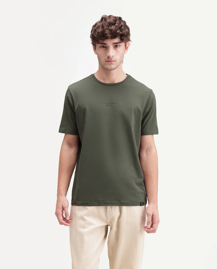 Rare Rabbit Men's Rabbit-A26 Primary Olive Cotton Blend Crew Neck Regular Hd Print T-Shirt