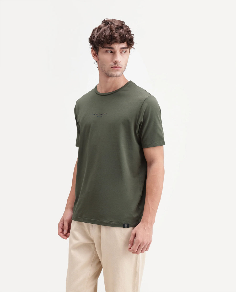 Rare Rabbit Men's Rabbit-A26 Primary Olive Cotton Blend Crew Neck Regular Hd Print T-Shirt