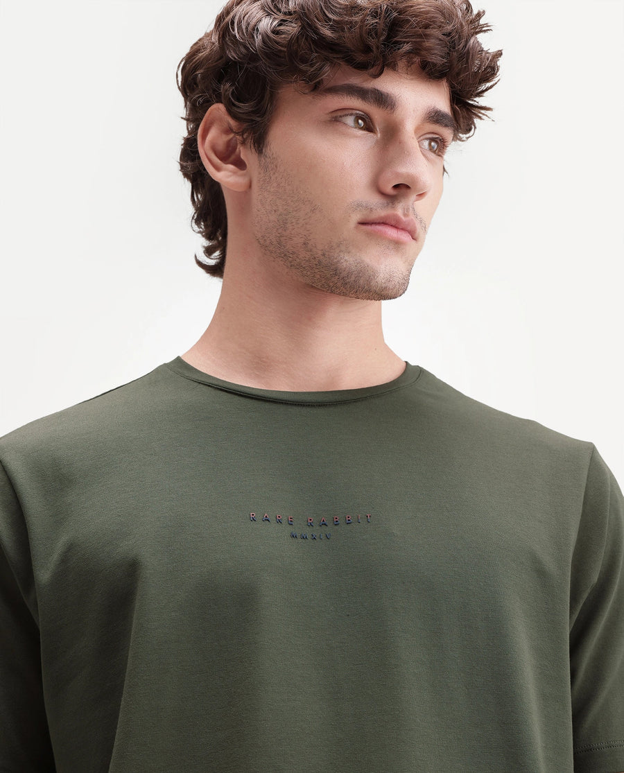 Rare Rabbit Men's Rabbit-A26 Primary Olive Cotton Blend Crew Neck Regular Hd Print T-Shirt