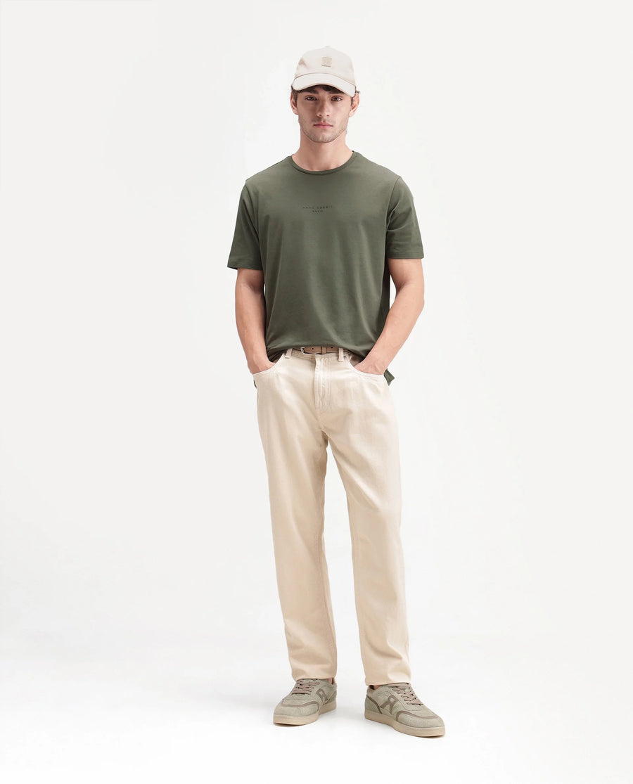 Rare Rabbit Men's Rabbit-A26 Primary Olive Cotton Blend Crew Neck Regular Hd Print T-Shirt