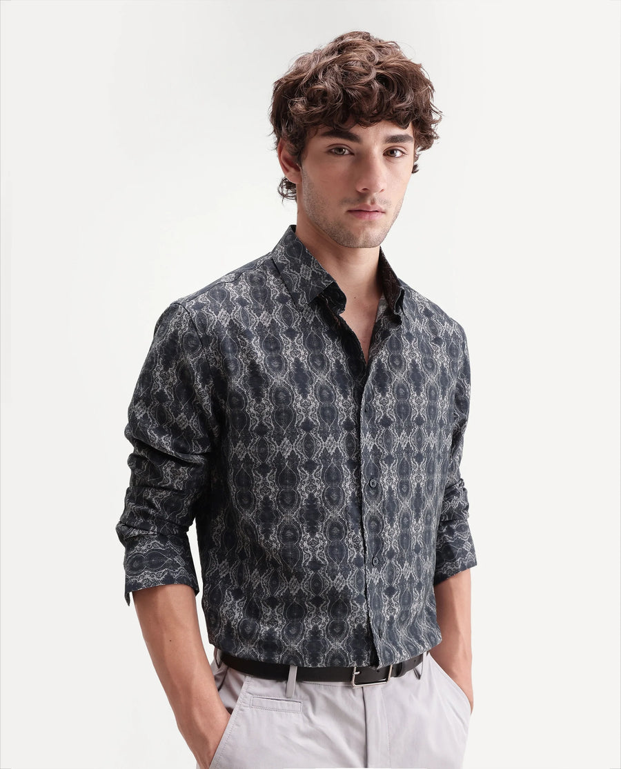 Rare Rabbit Men's Shu Dark Black Viscose Blend Spread Collar Button Regular Paisley Print Shirt