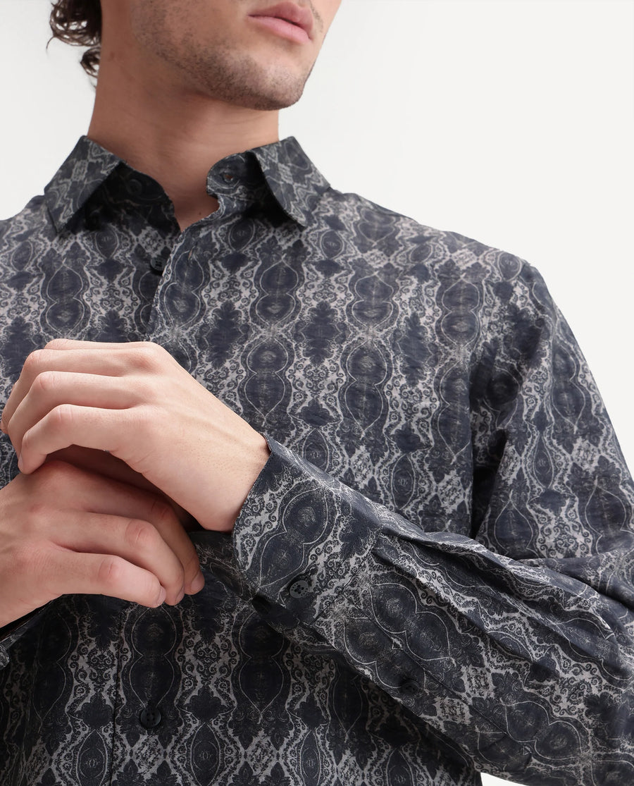 Rare Rabbit Men's Shu Dark Black Viscose Blend Spread Collar Button Regular Paisley Print Shirt