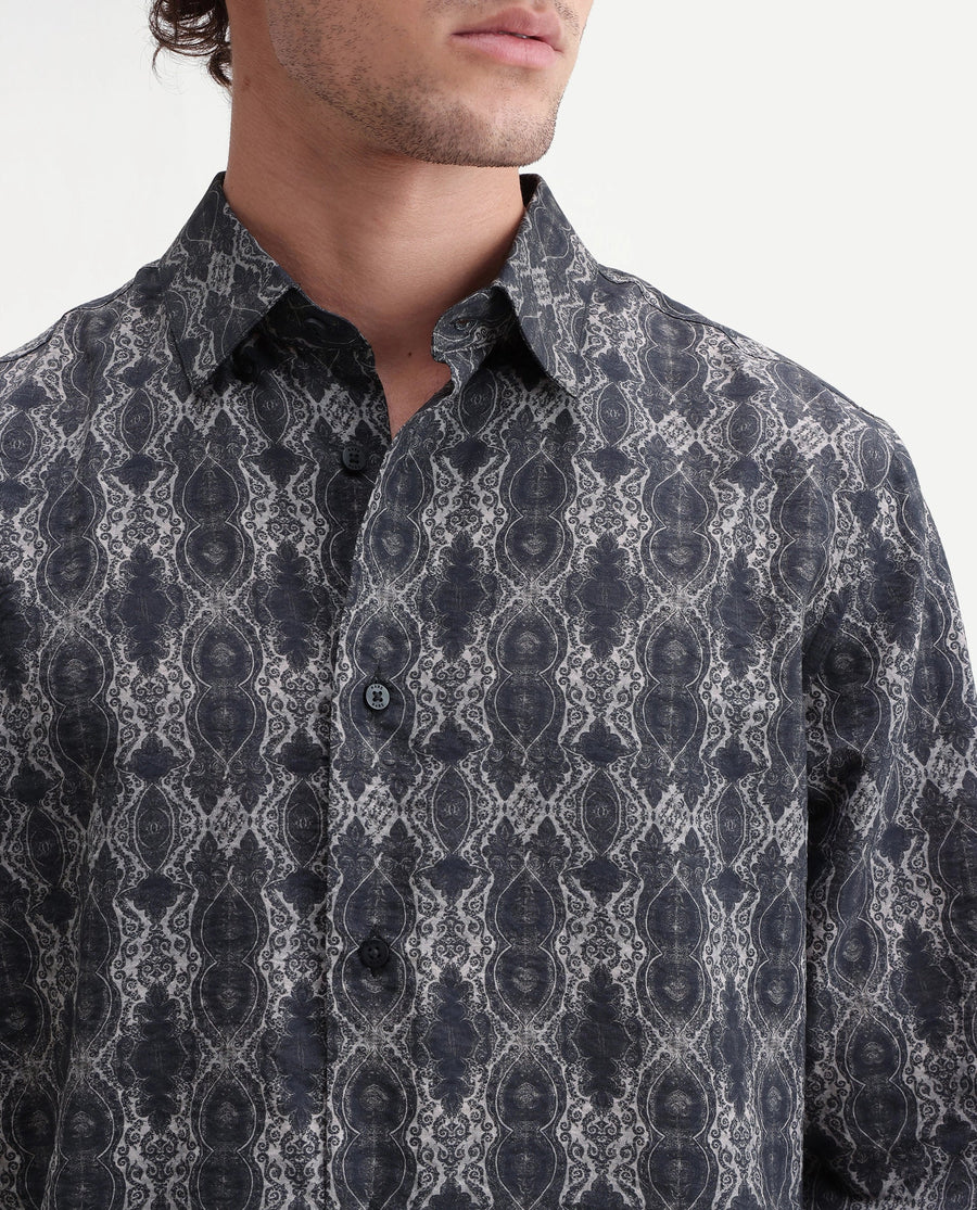 Rare Rabbit Men's Shu Dark Black Viscose Blend Spread Collar Button Regular Paisley Print Shirt