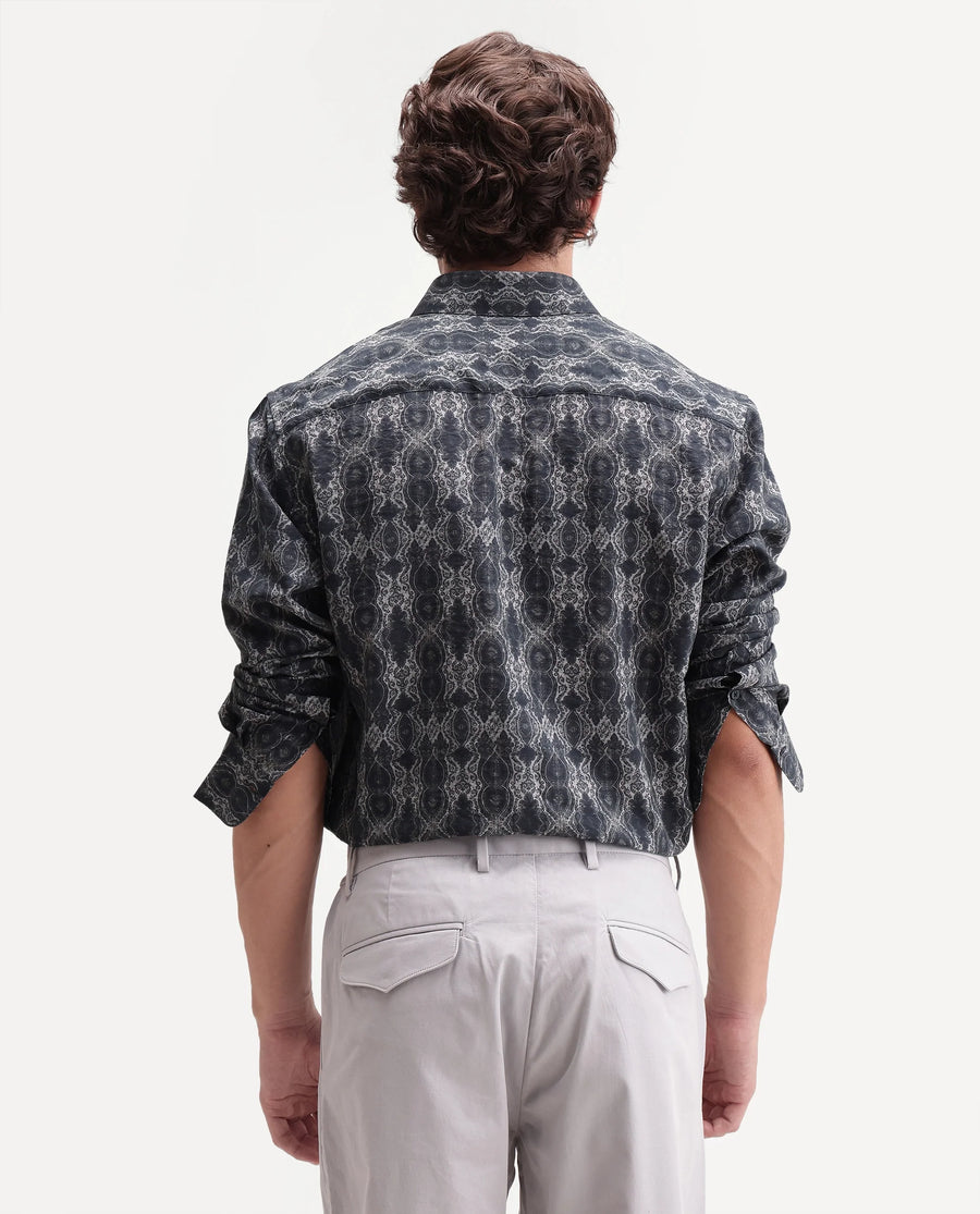 Rare Rabbit Men's Shu Dark Black Viscose Blend Spread Collar Button Regular Paisley Print Shirt