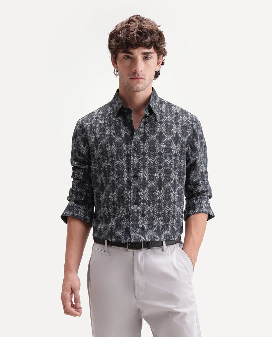 Rare Rabbit Men's Shu Dark Black Viscose Blend Spread Collar Button Regular Paisley Print Shirt