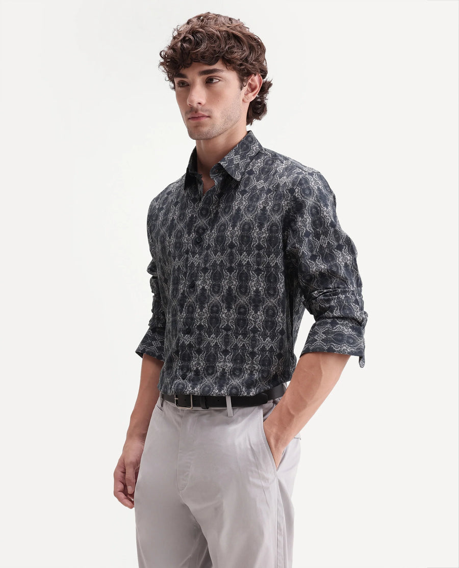Rare Rabbit Men's Shu Dark Black Viscose Blend Spread Collar Button Regular Paisley Print Shirt