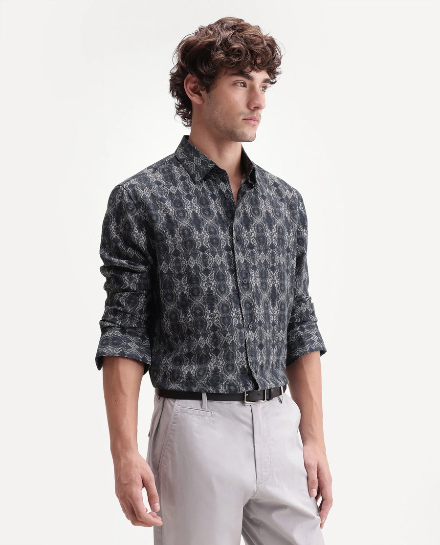 Rare Rabbit Men's Shu Dark Black Viscose Blend Spread Collar Button Regular Paisley Print Shirt