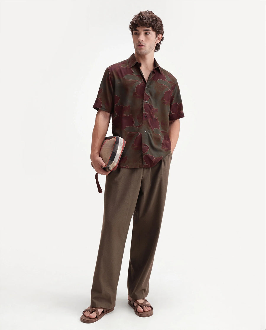 Rare Rabbit Men's Rego Dark Olive Viscose Spread Collar Button Regular Floral Print Shirt