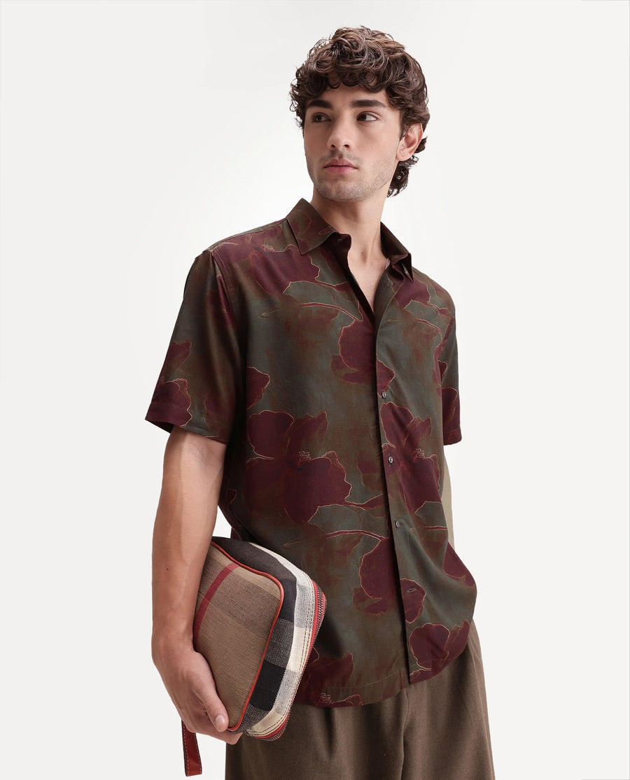 Rare Rabbit Men's Rego Dark Olive Viscose Spread Collar Button Regular Floral Print Shirt