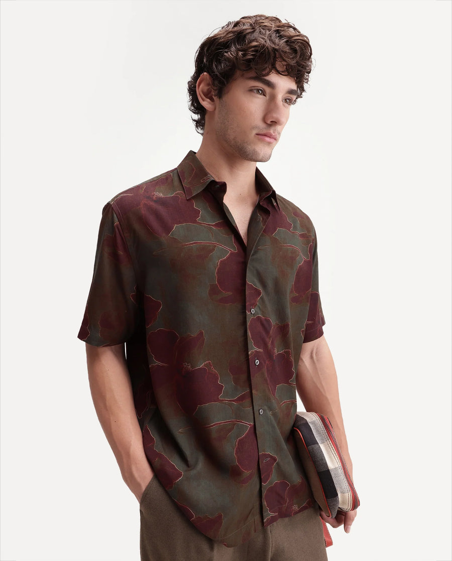 Rare Rabbit Men's Rego Dark Olive Viscose Spread Collar Button Regular Floral Print Shirt