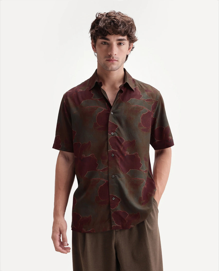 Rare Rabbit Men's Rego Dark Olive Viscose Spread Collar Button Regular Floral Print Shirt