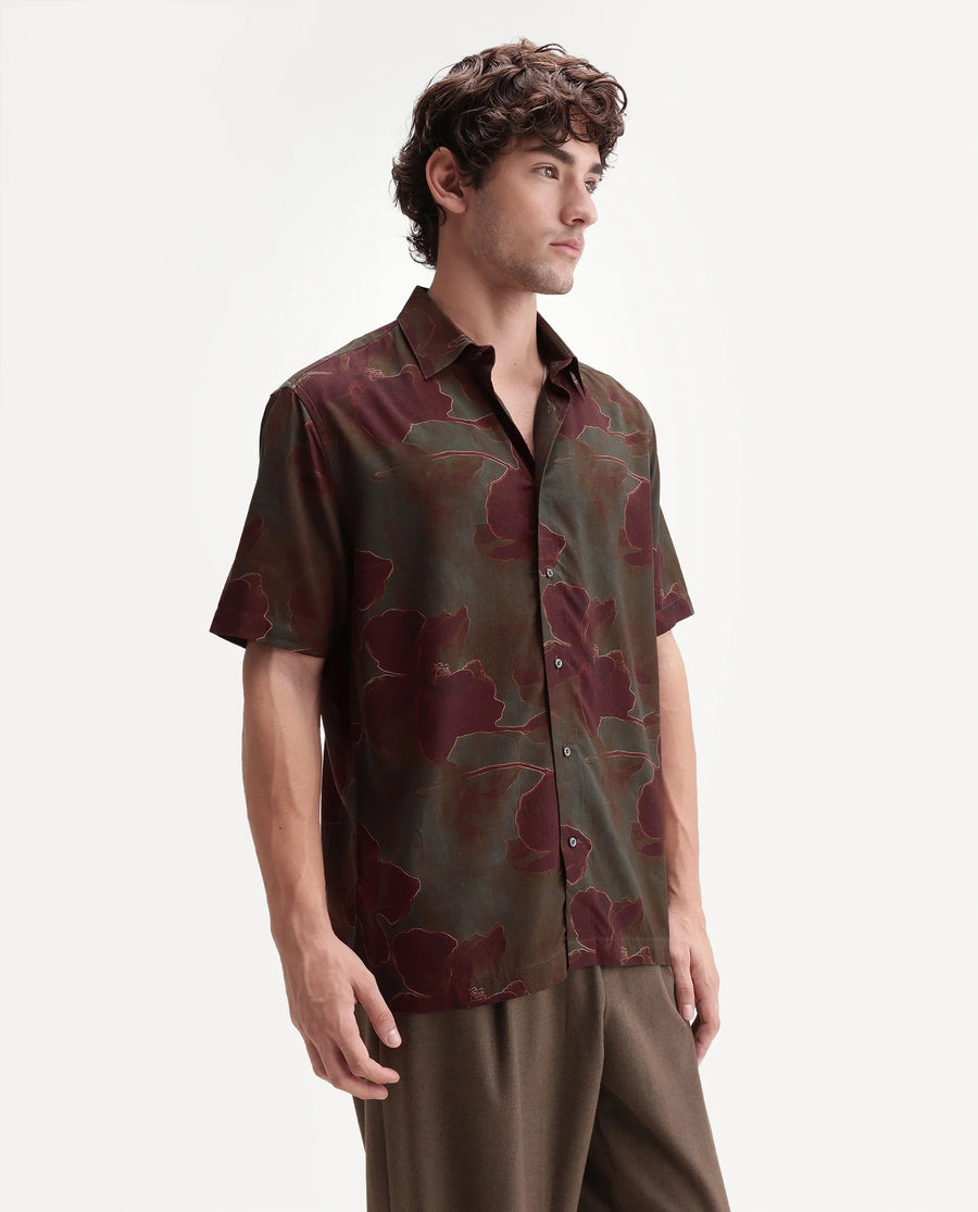 Rare Rabbit Men's Rego Dark Olive Viscose Spread Collar Button Regular Floral Print Shirt