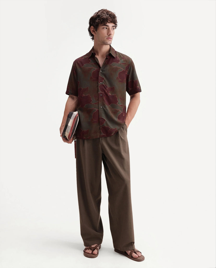 Rare Rabbit Men's Rego Dark Olive Viscose Spread Collar Button Regular Floral Print Shirt