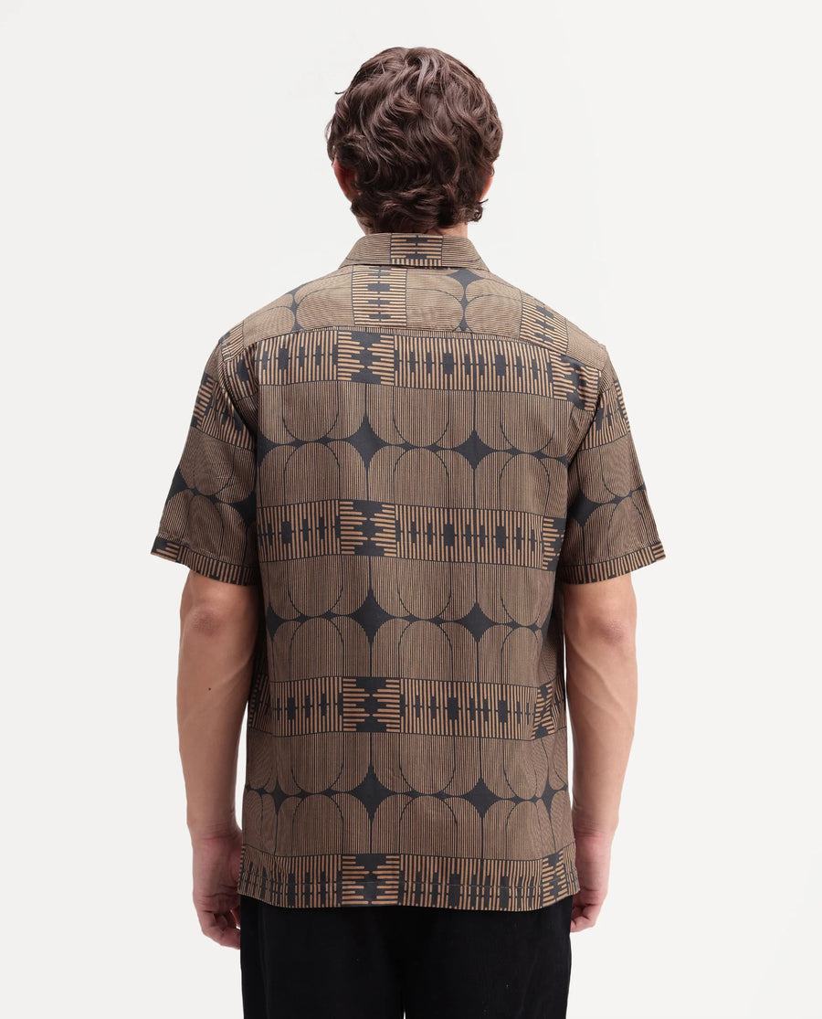 Rare Rabbit Men's Sleek Black Viscose Spread Collar Button Regular Geometric Print Shirt