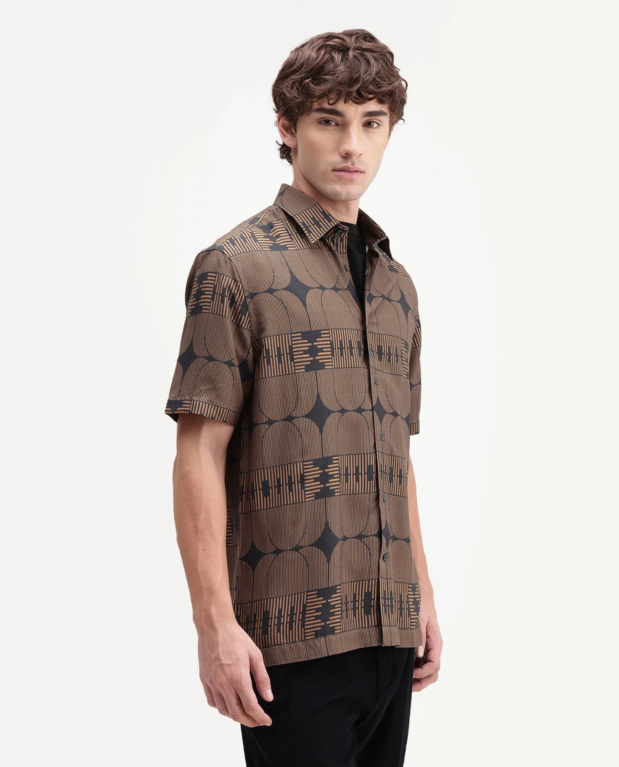 Rare Rabbit Men's Sleek Black Viscose Spread Collar Button Regular Geometric Print Shirt