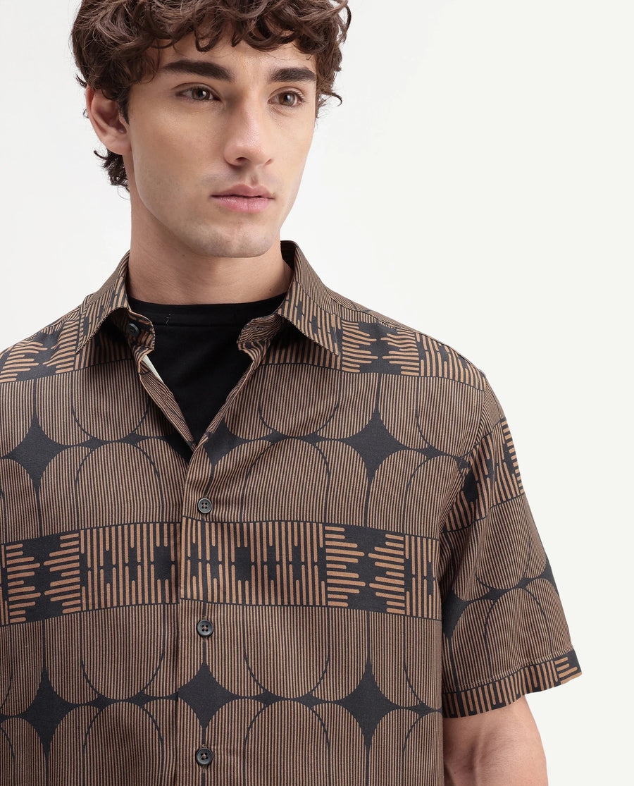 Rare Rabbit Men's Sleek Black Viscose Spread Collar Button Regular Geometric Print Shirt