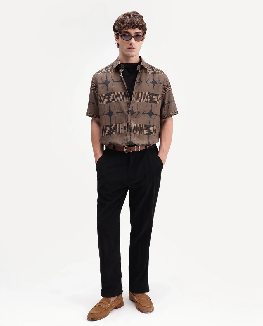 Rare Rabbit Men's Sleek Black Viscose Spread Collar Button Regular Geometric Print Shirt