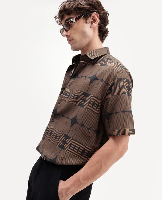 Rare Rabbit Men's Sleek Black Viscose Spread Collar Button Regular Geometric Print Shirt
