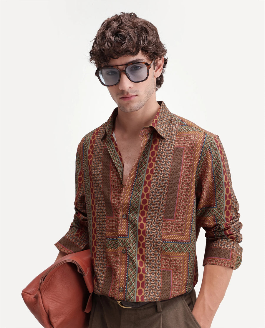 Rare Rabbit Men's Tyvi Multi Viscose Spread Collar Button Regular Geometric Print Shirt