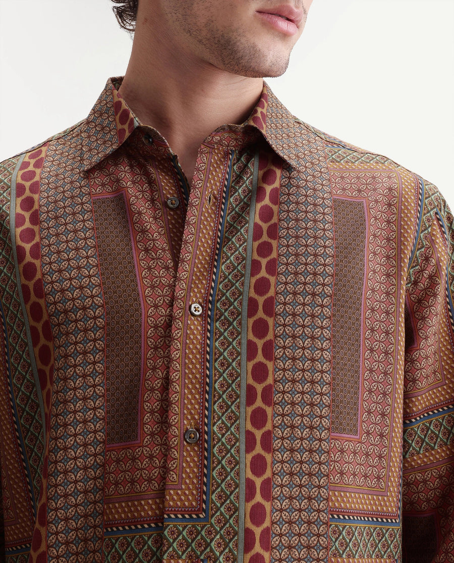 Rare Rabbit Men's Tyvi Multi Viscose Spread Collar Button Regular Geometric Print Shirt