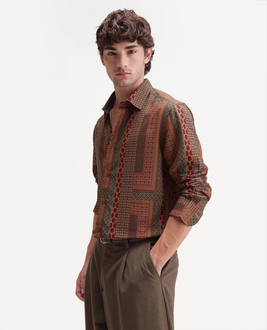 Rare Rabbit Men's Tyvi Multi Viscose Spread Collar Button Regular Geometric Print Shirt