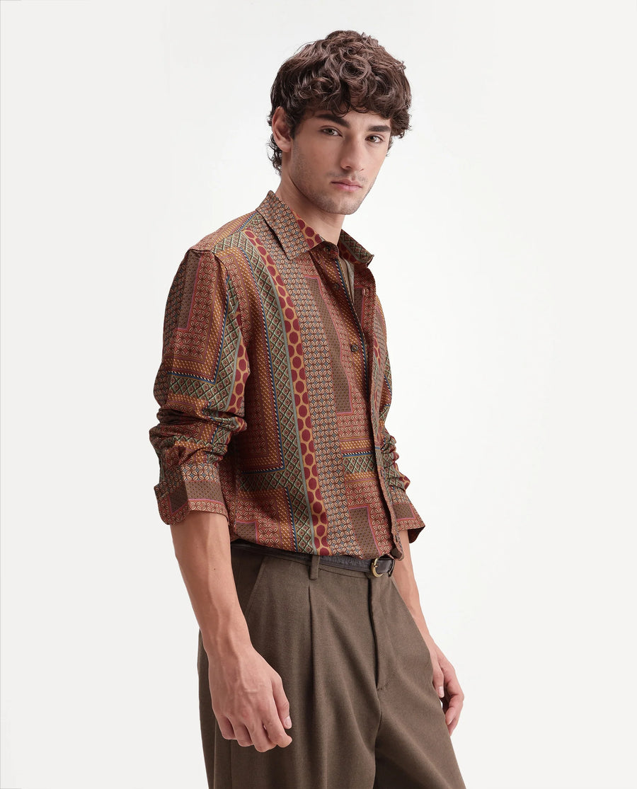 Rare Rabbit Men's Tyvi Multi Viscose Spread Collar Button Regular Geometric Print Shirt