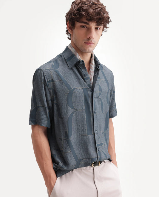 Rare Rabbit Men's Raro-Ss Dusky Blue Viscose Spread Collar Button Regular Monogram Print Shirt
