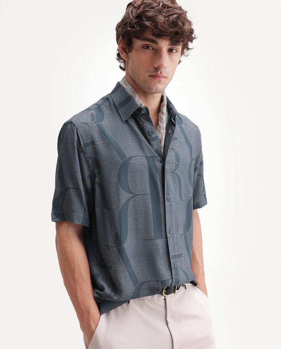 Rare Rabbit Men's Raro-Ss Dusky Blue Viscose Spread Collar Button Regular Monogram Print Shirt