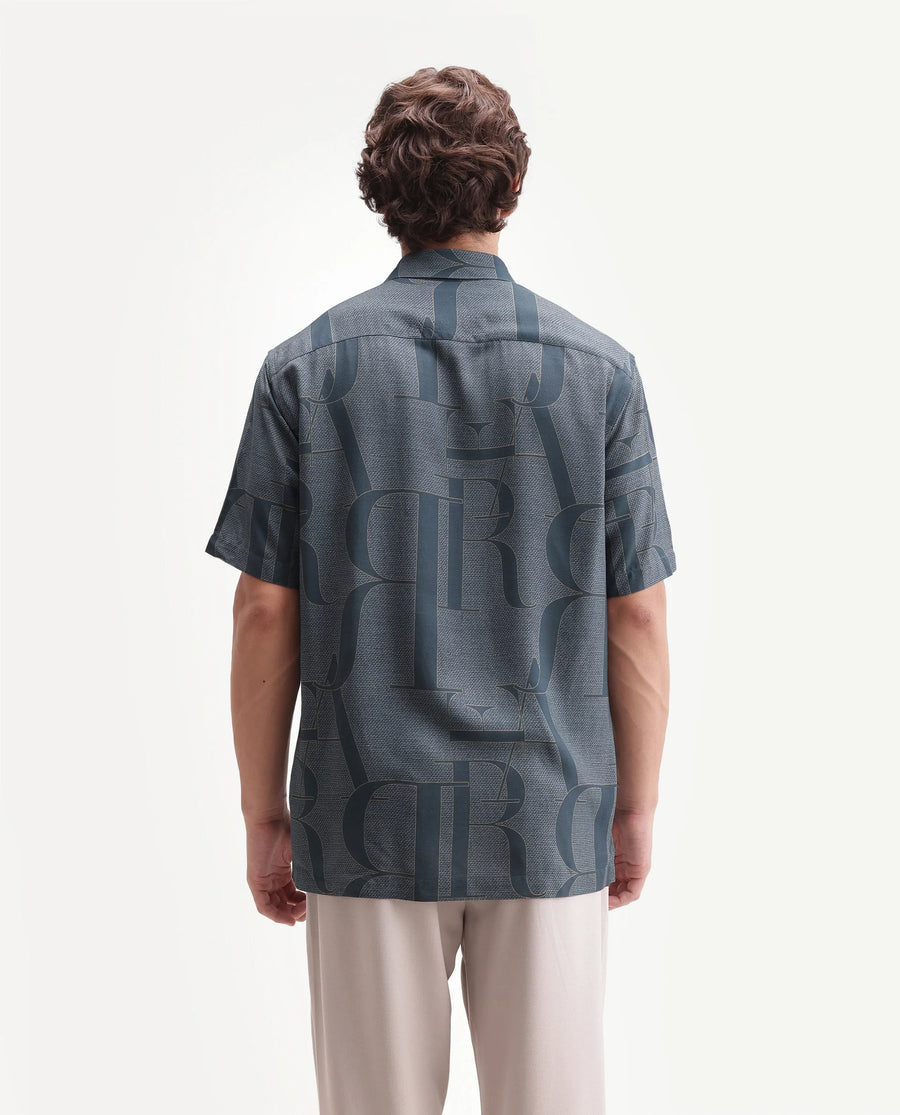 Rare Rabbit Men's Raro-Ss Dusky Blue Viscose Spread Collar Button Regular Monogram Print Shirt