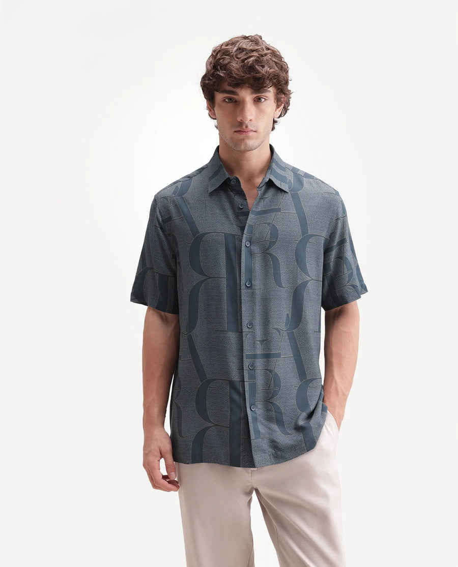 Rare Rabbit Men's Raro-Ss Dusky Blue Viscose Spread Collar Button Regular Monogram Print Shirt