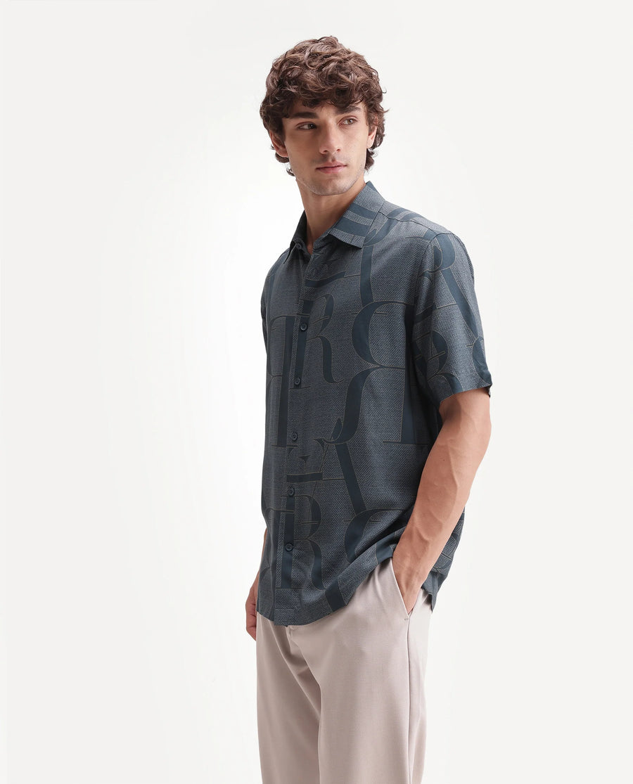 Rare Rabbit Men's Raro-Ss Dusky Blue Viscose Spread Collar Button Regular Monogram Print Shirt