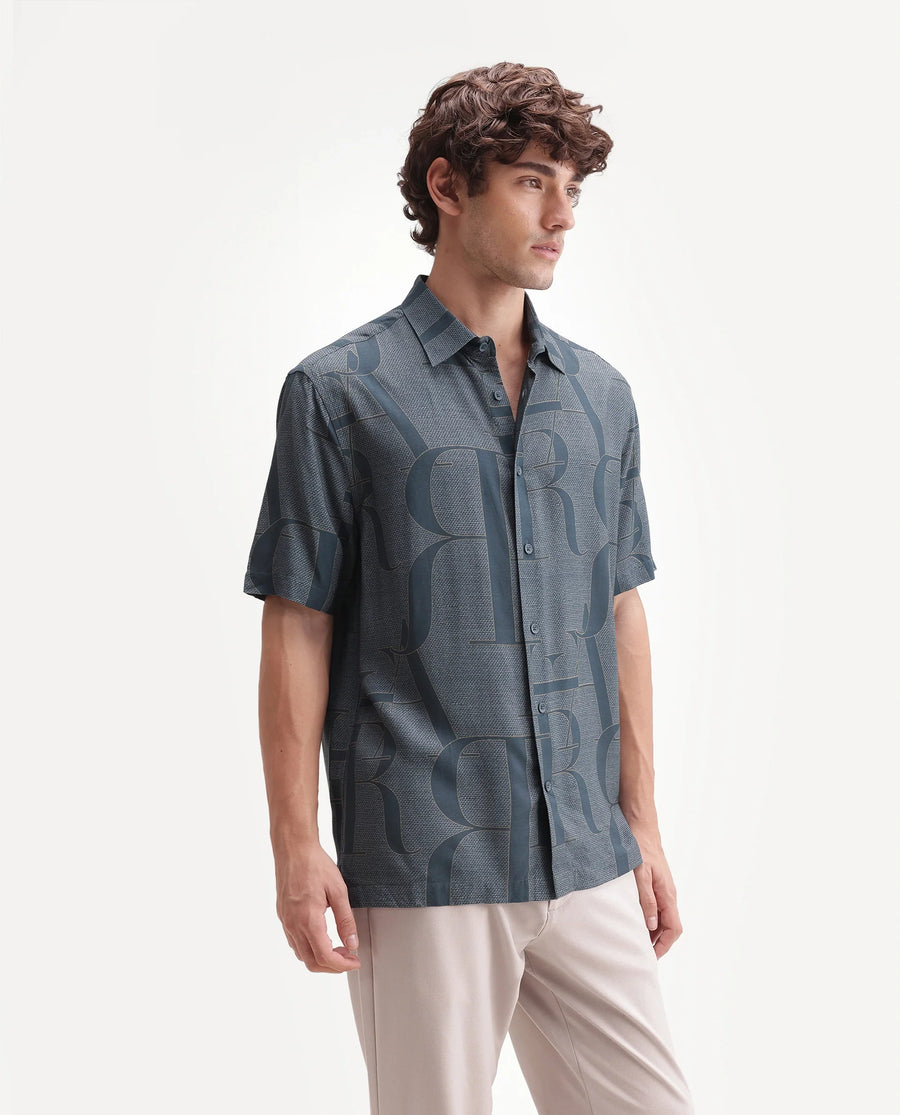 Rare Rabbit Men's Raro-Ss Dusky Blue Viscose Spread Collar Button Regular Monogram Print Shirt