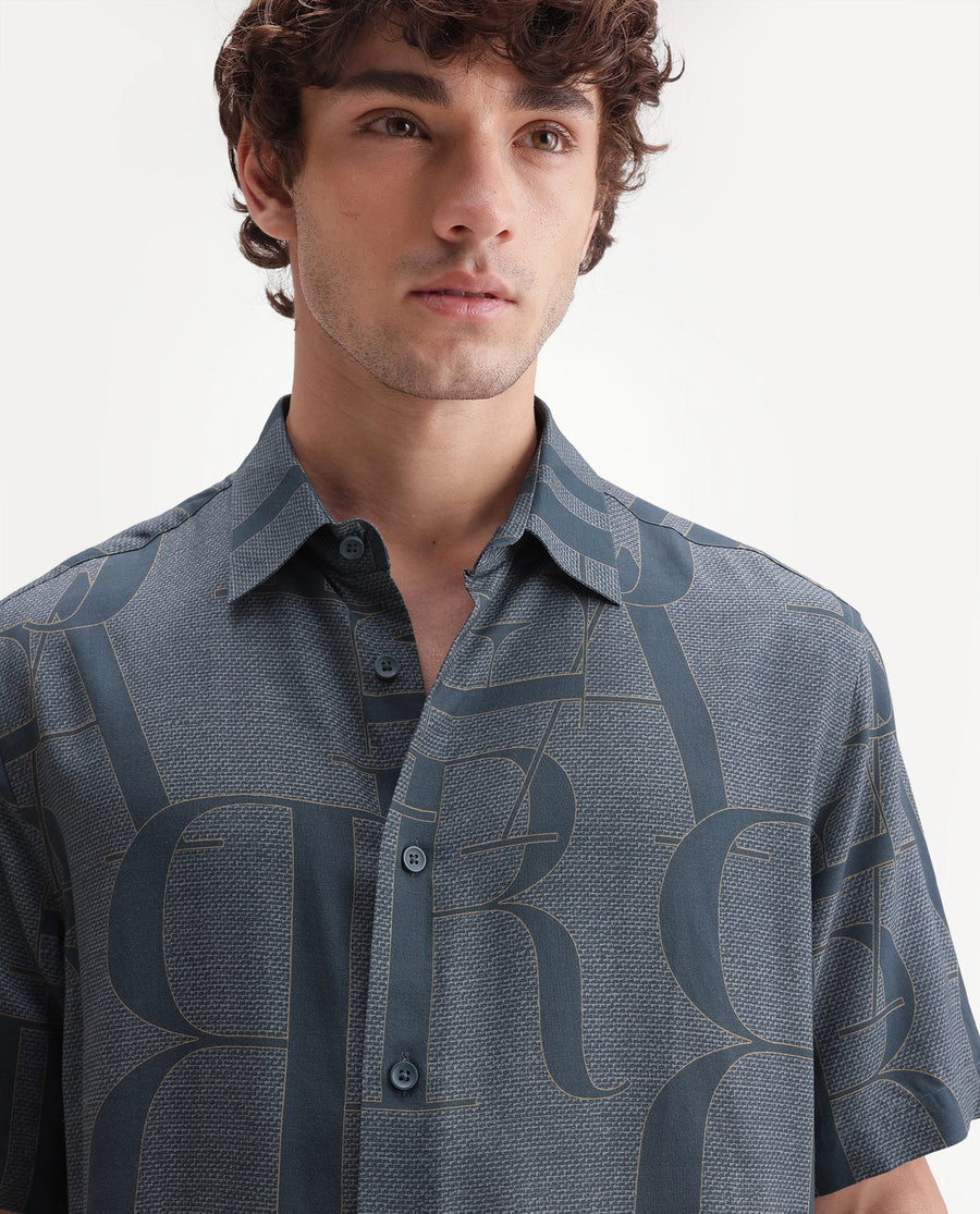 Rare Rabbit Men's Raro-Ss Dusky Blue Viscose Spread Collar Button Regular Monogram Print Shirt