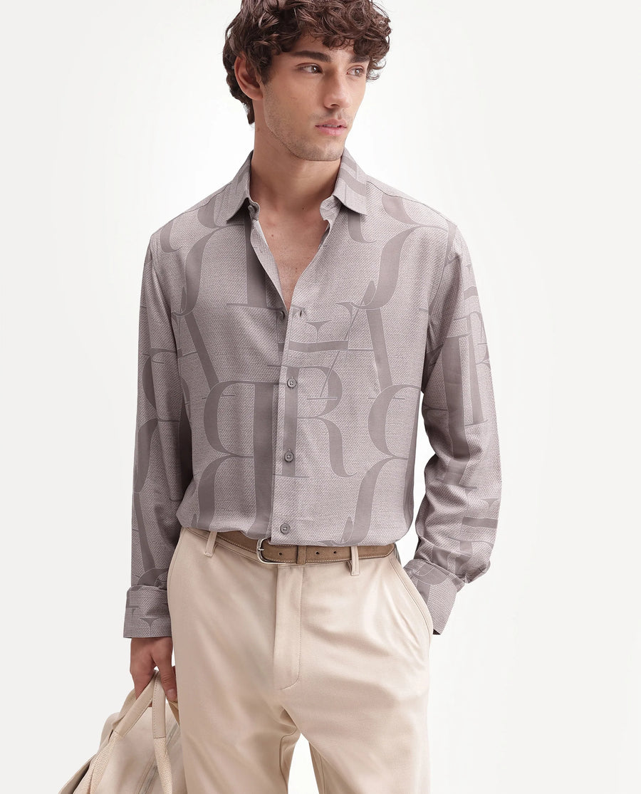 Rare Rabbit Men's Raro Beige Viscose Spread Collar Button Regular Monogram Print Shirt