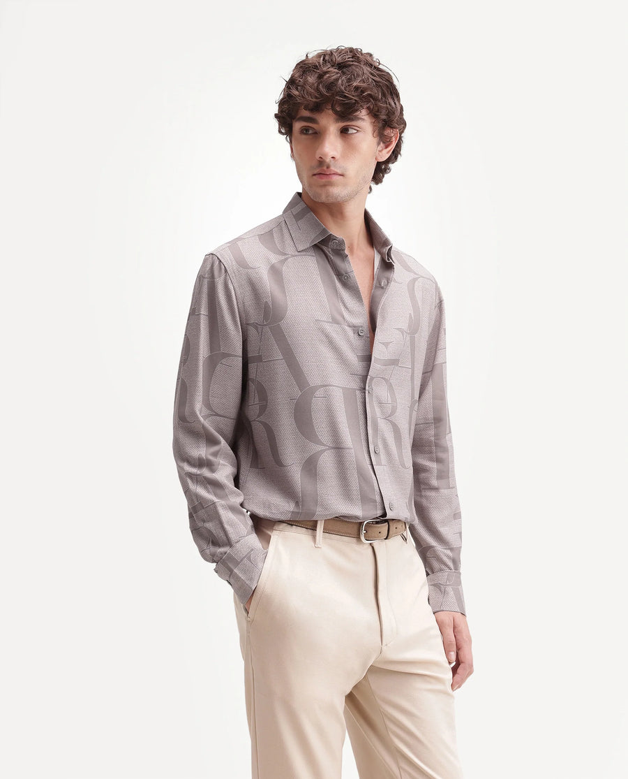 Rare Rabbit Men's Raro Beige Viscose Spread Collar Button Regular Monogram Print Shirt