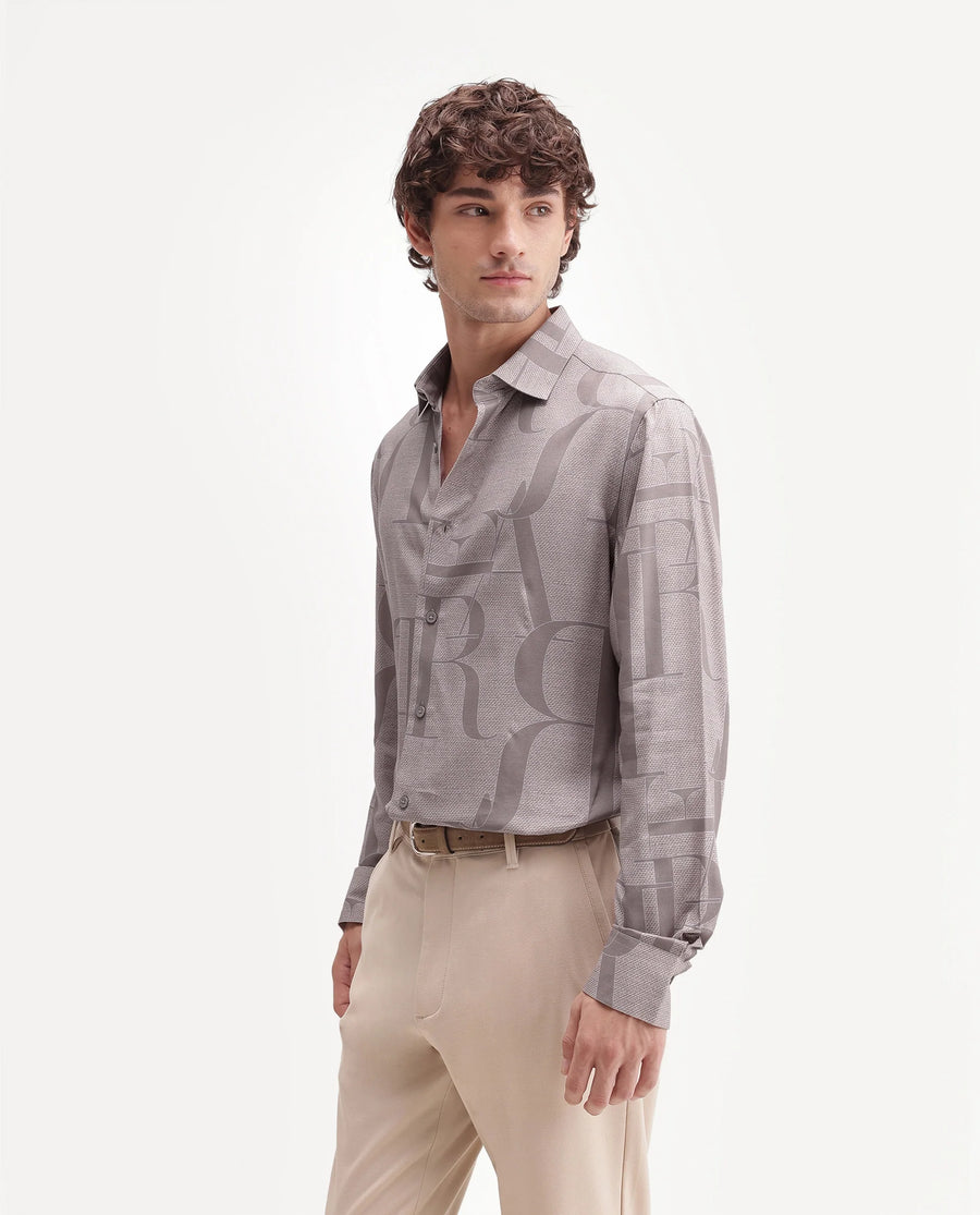 Rare Rabbit Men's Raro Beige Viscose Spread Collar Button Regular Monogram Print Shirt
