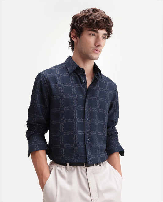 Rare Rabbit Men's Razo Dark Navy Viscose Blend Spread Collar Button Regular Geometric Print Shirt
