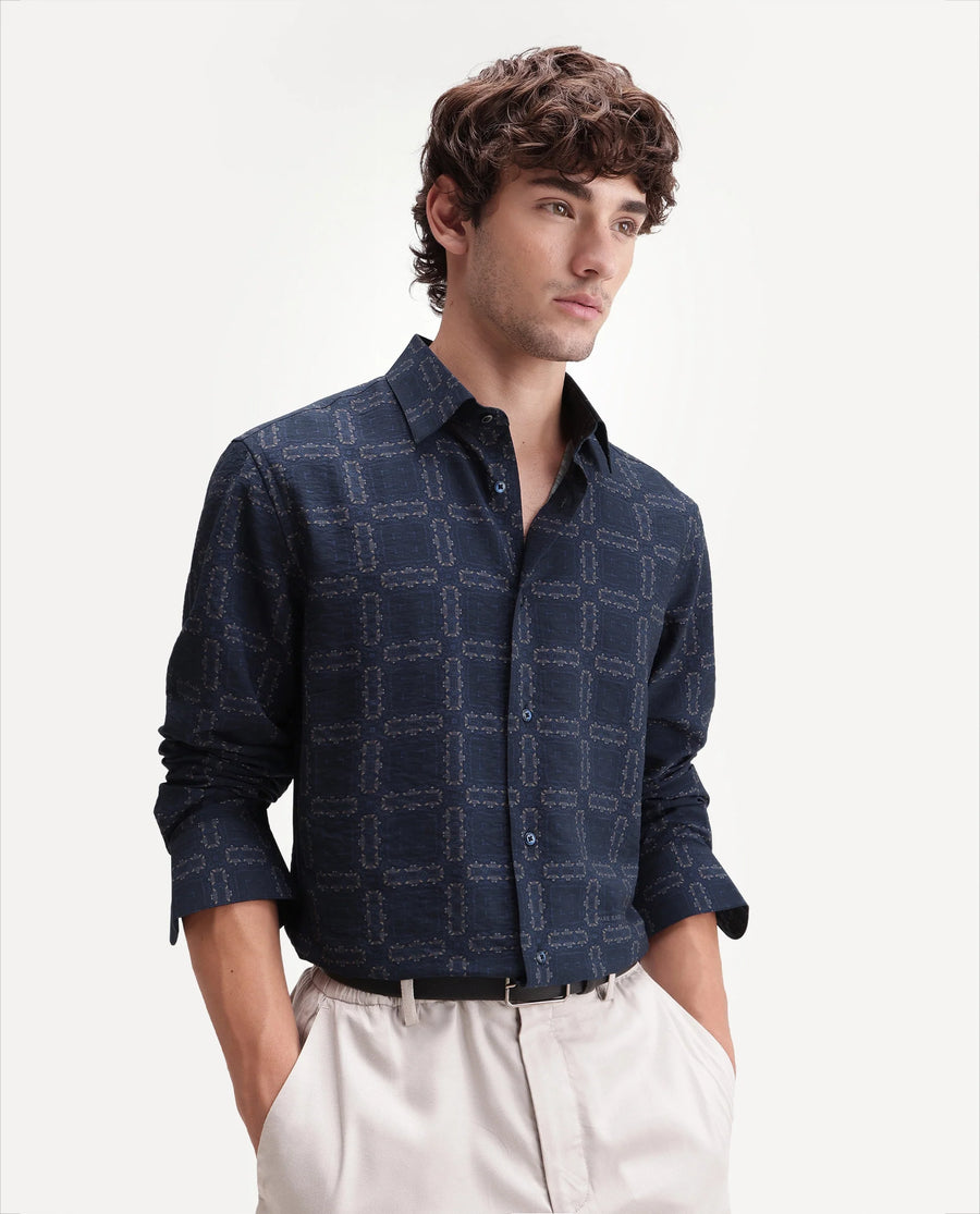 Rare Rabbit Men's Razo Dark Navy Viscose Blend Spread Collar Button Regular Geometric Print Shirt
