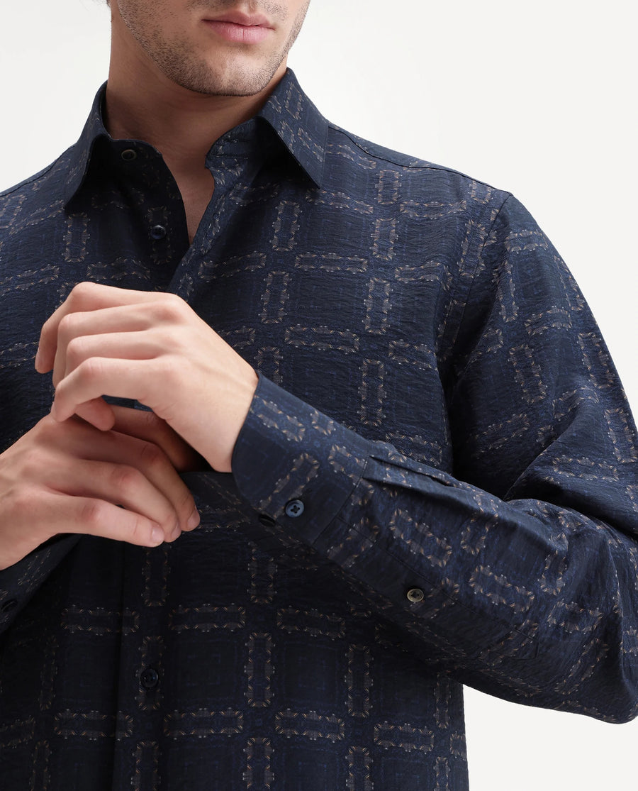 Rare Rabbit Men's Razo Dark Navy Viscose Blend Spread Collar Button Regular Geometric Print Shirt