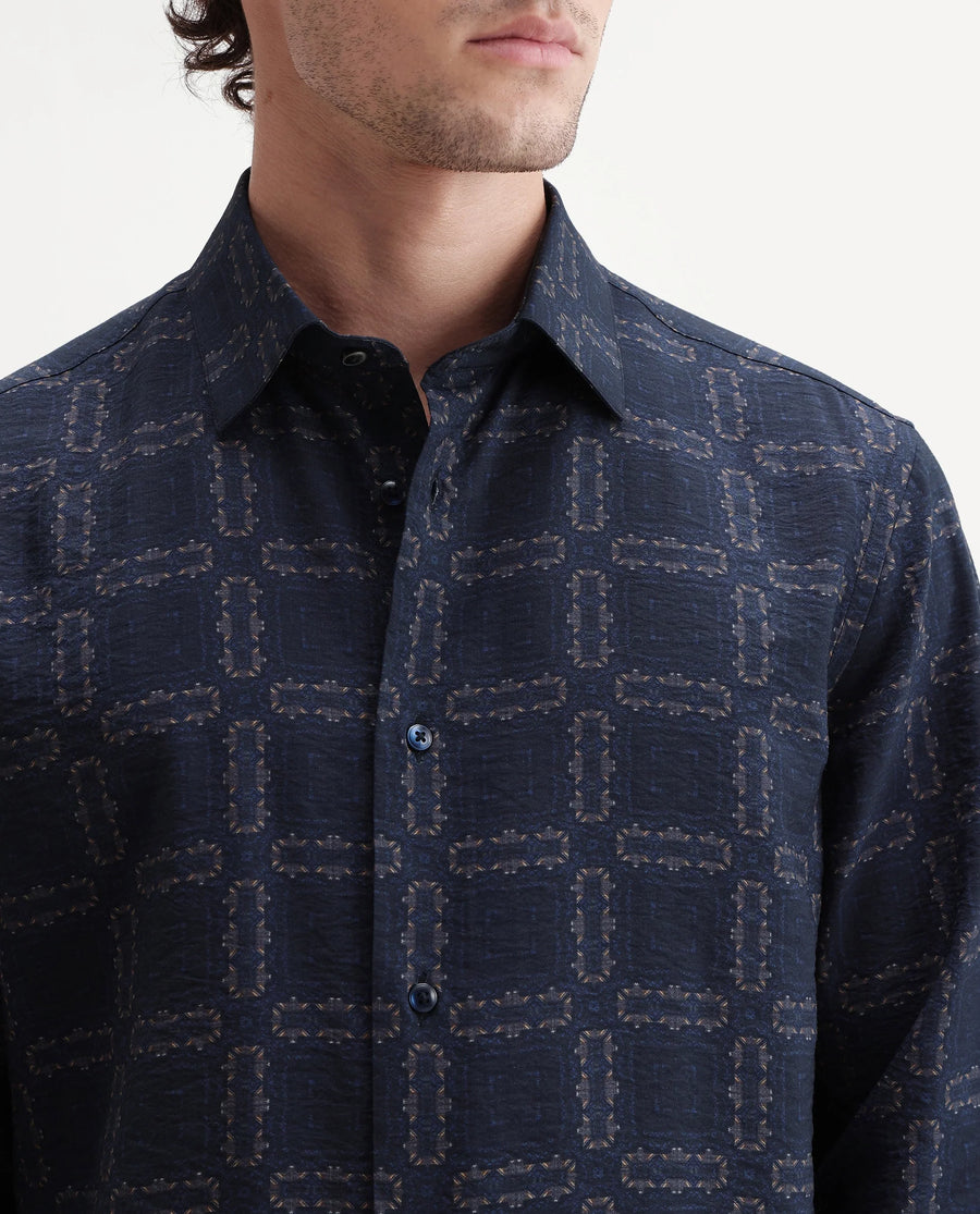 Rare Rabbit Men's Razo Dark Navy Viscose Blend Spread Collar Button Regular Geometric Print Shirt
