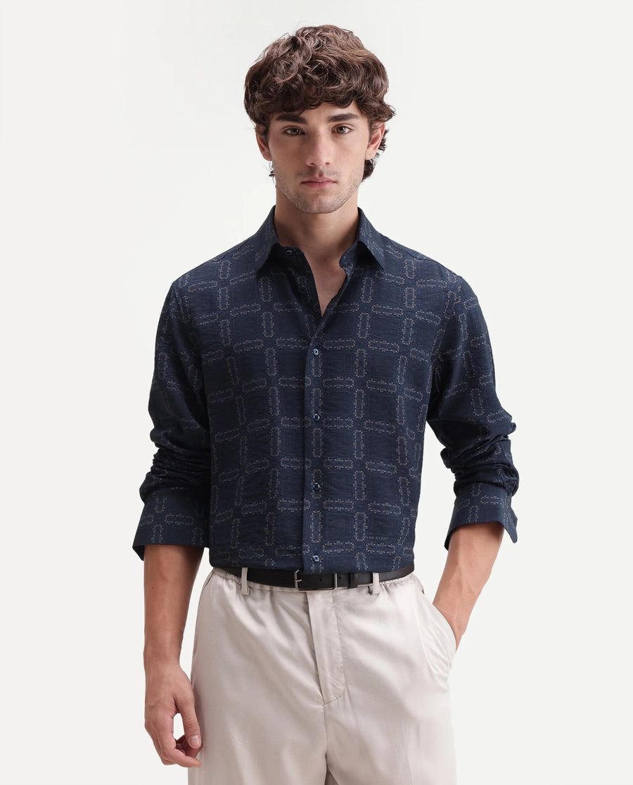 Rare Rabbit Men's Razo Dark Navy Viscose Blend Spread Collar Button Regular Geometric Print Shirt