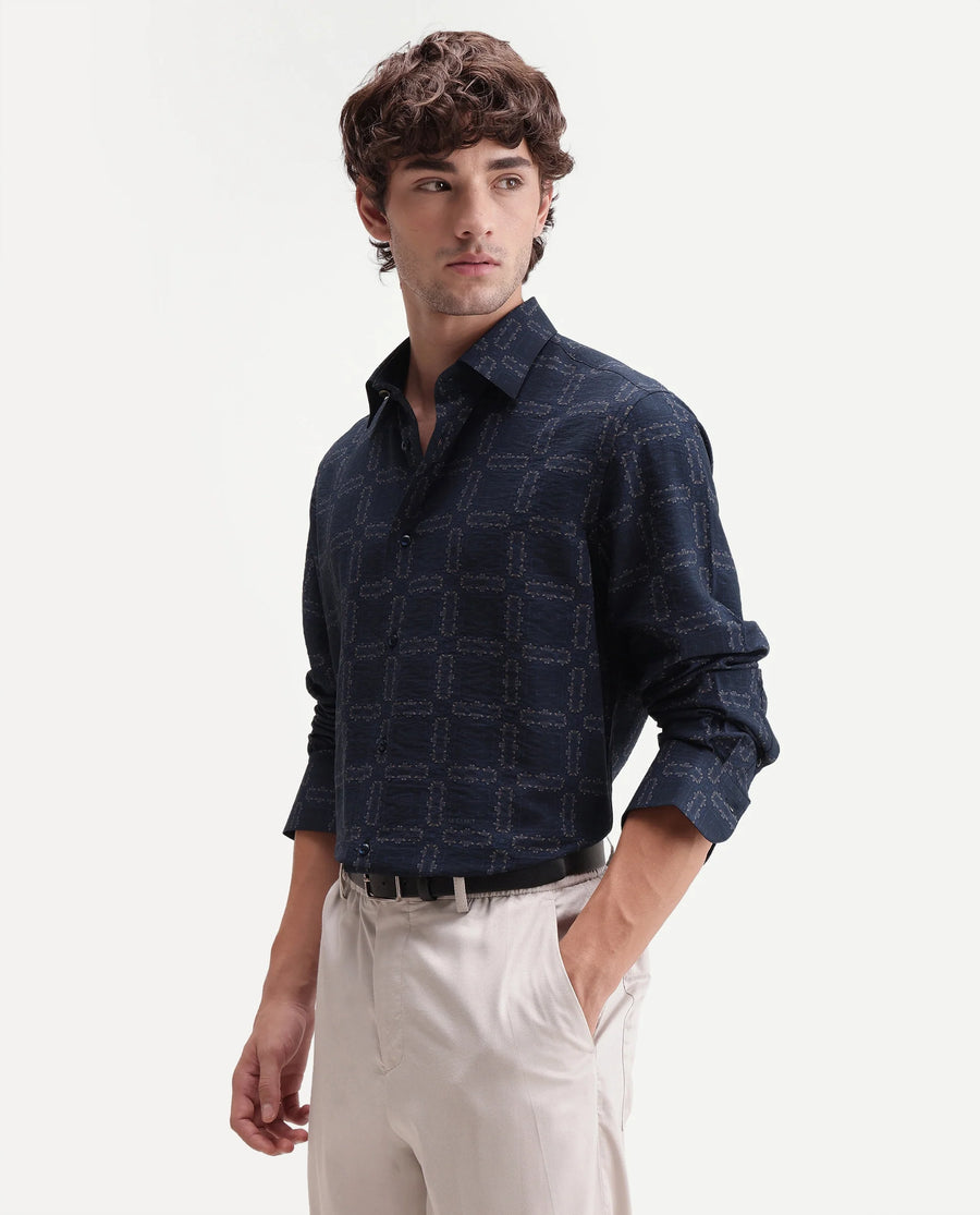 Rare Rabbit Men's Razo Dark Navy Viscose Blend Spread Collar Button Regular Geometric Print Shirt