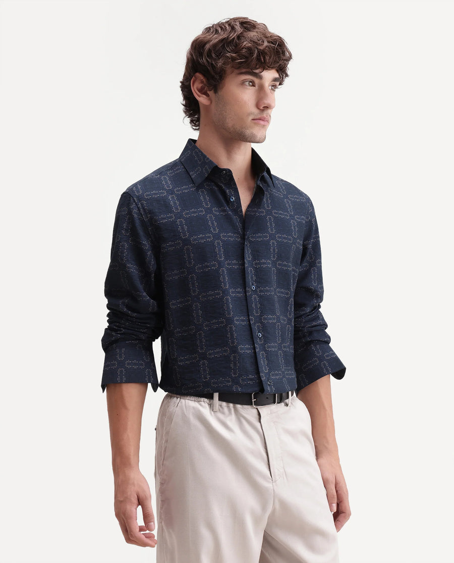 Rare Rabbit Men's Razo Dark Navy Viscose Blend Spread Collar Button Regular Geometric Print Shirt