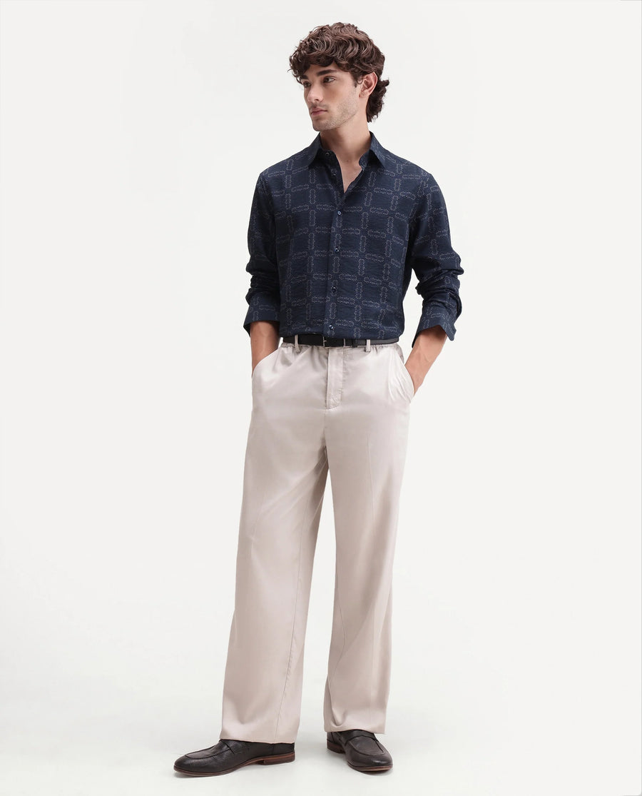 Rare Rabbit Men's Razo Dark Navy Viscose Blend Spread Collar Button Regular Geometric Print Shirt